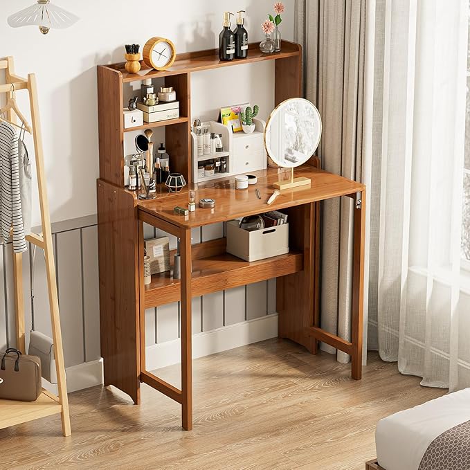 31.1" Bamboo Folding Desk with Bookshelf, Compact Computer Desk - Image 7