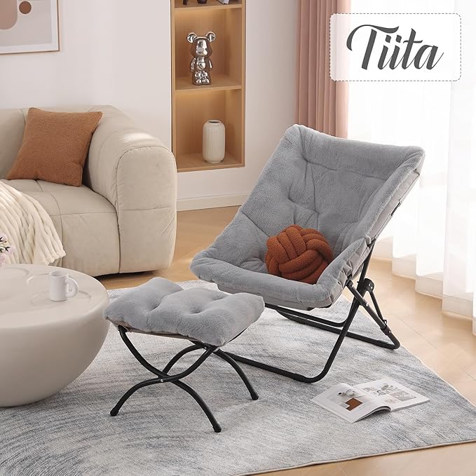 Tiita Folded Chair with Ottoman, Soft Faux Fur Oversized Folding Accent Chair - Image 6