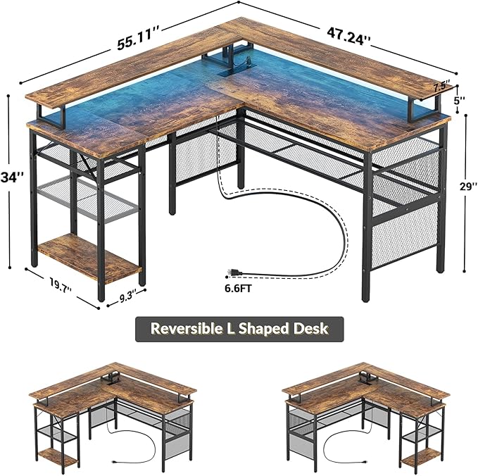 Unikito L Shaped Desk with LED Light and Power Outlet, Reversible Corner - Image 2
