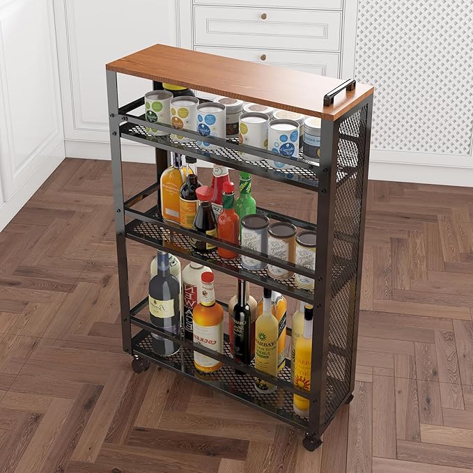 2025 New, Slim Kitchen Storage Cart, 3-Tier Metal Rolling Utility Cart Mesh - Image 5