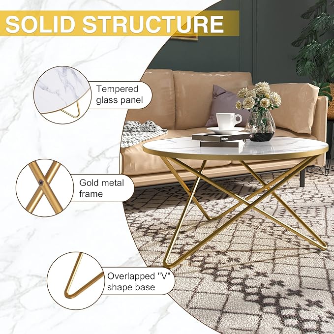 HLR Round Coffee Table with White Faux Marble Top - Image 3