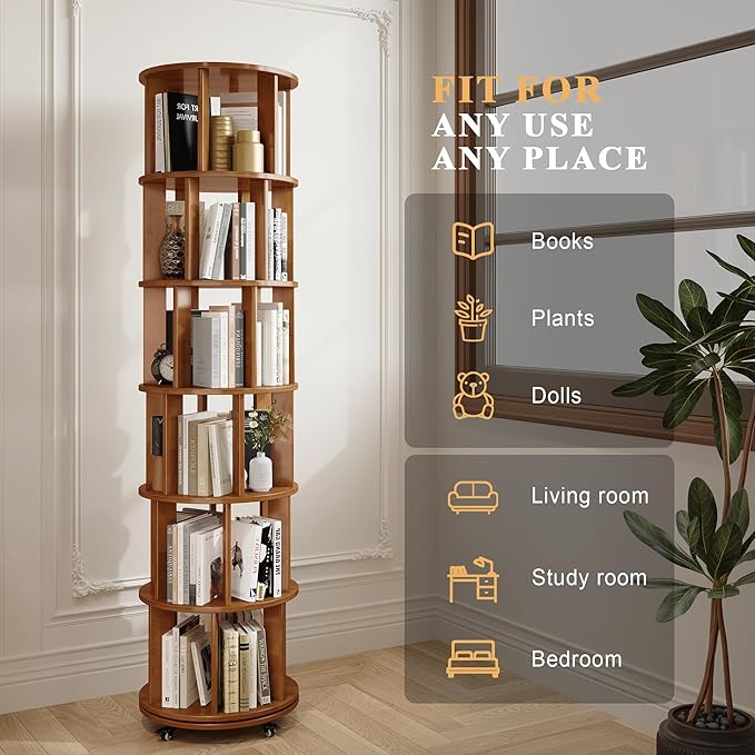 6 Tier Bookshelf Tower, 360° Solid Wood Spinning Bookcase - Image 4