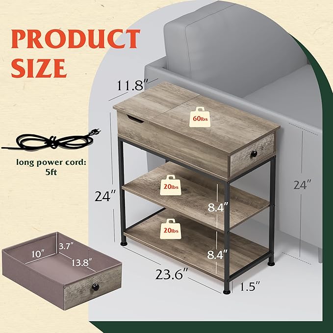 WLIVE Narrow Side Table with 2 USB Ports and 2 Outlets, Flip Top End Table with - Image 3