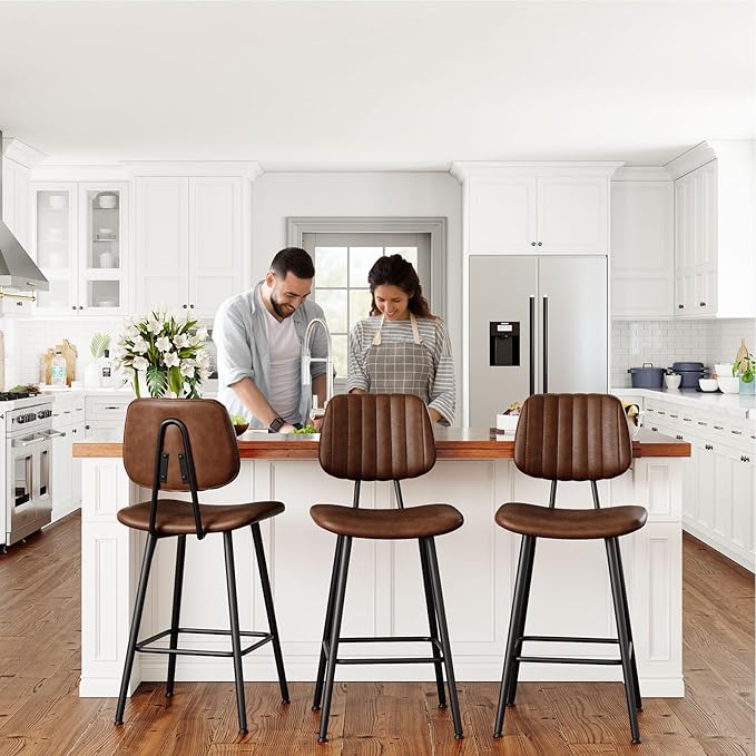 24-Inch Leather Bar Stools Set of 3, Counter Height Barstools - Image 8