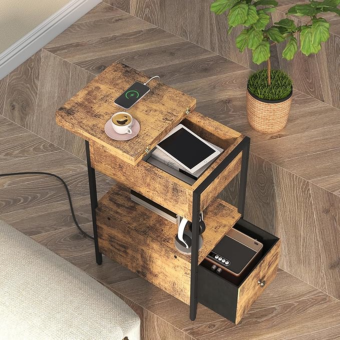 SOOWERY End Table with Charging Station, Narrow Side Table with Flip Top - Image 4