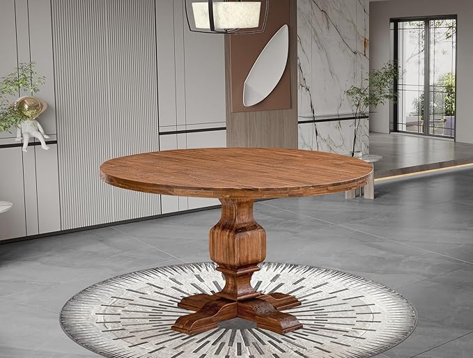 I53-0N-TP Dining Table with Acacia Wood Round Tabletop and Elegant Pedestal Base - Image 2
