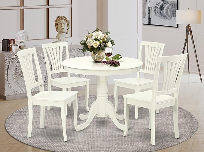East West Furniture ANAV5-LWH-W 5 Piece Dining Room Table Set Includes a Round - Image 2