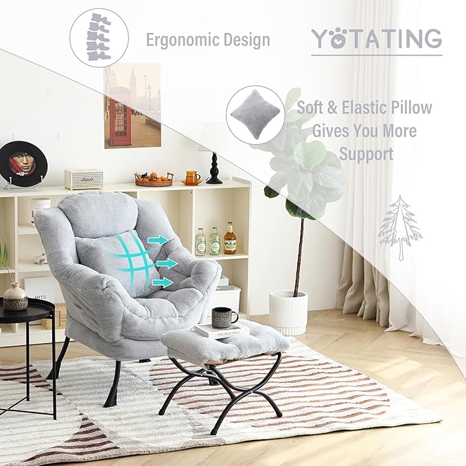 Lazy Chair with Ottoman, Comfy Reading Lounge Chair with Footstool & Throw - Image 8