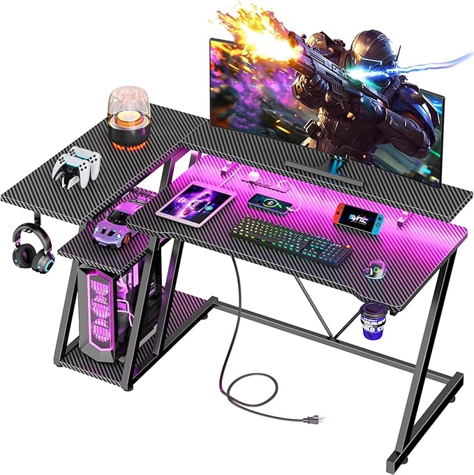 47 Inch Gaming Desk with Power Outlet & LED Lights, Corner Computer Desk with 3 by Korfile