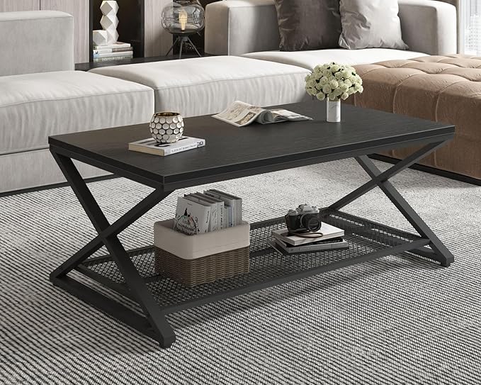 LVB Black Coffee Table, Metal Wood 2 Tier Center Tables - Image 6