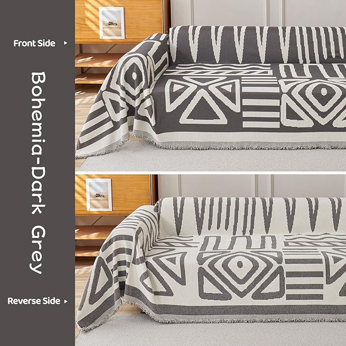 STACYPIK Boho Geometric Dark Grey Sofa Cover Chenille Couch Cover - Image 2