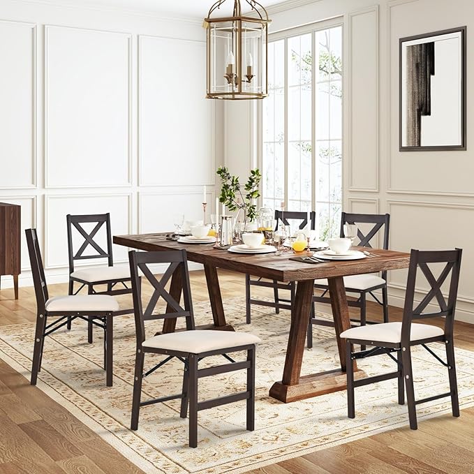 COLAMY Folding Dining Chairs Set of 6 – Beige Upholstered Wooden Dining Room - Image 2