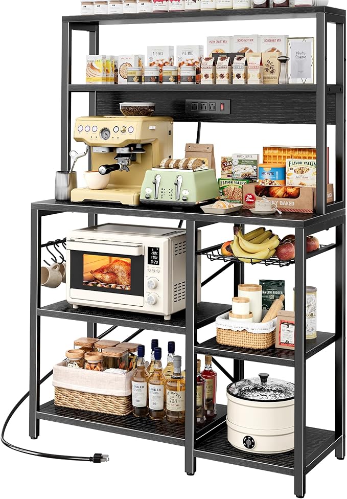 SUPERJARE Bakers Rack with Power Outlet, 35.4 Inches Coffee Bar with Wire Basket by SUPERJARE