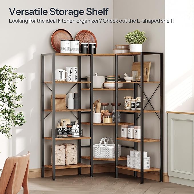 HOOBRO Industrial Corner Bookshelf, 5-Tier L-Shaped Bookcase, Open Display - Image 4