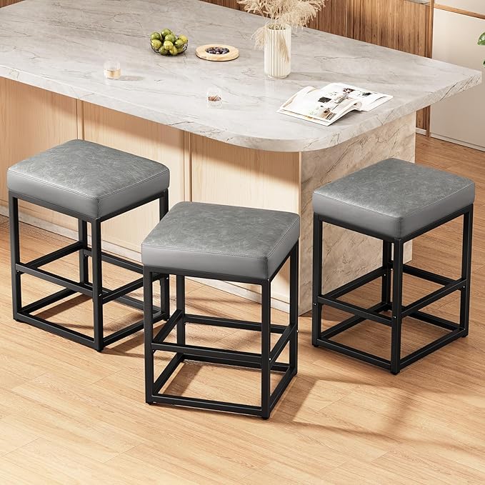 Counter Height Bar Stools Set of 3, Faux Leather Counter Stools by Raynesys