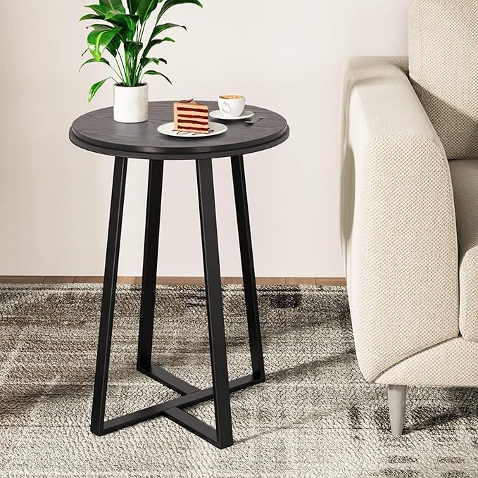 Round End Table, Small Side Table Black Color MDF Top, Metal Frame Black by DorrissJewelry