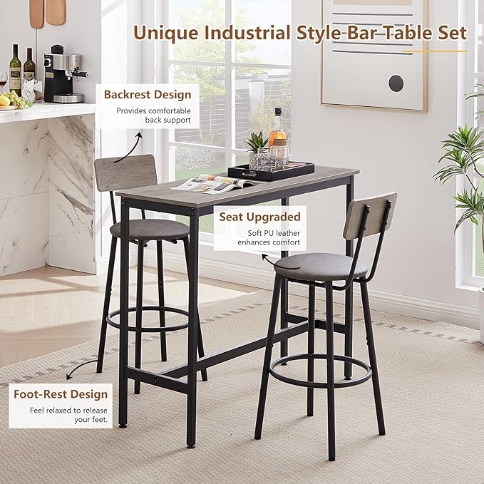 Tatub Bar Table with Stools Set of 2, Industrial 3 Piece Counter Height Small - Image 3