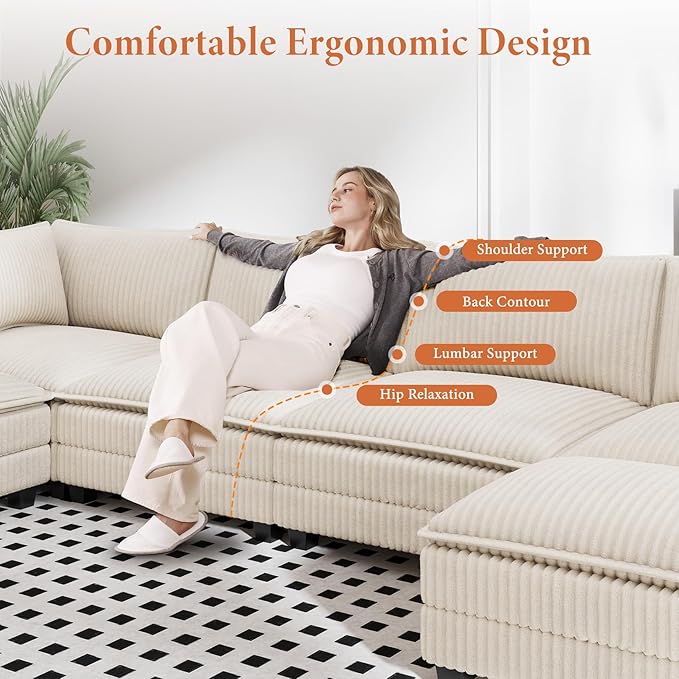 Vesgantti 109" U Shaped Cloud Sectional Sofa, Comfy Corduroy Upholstered - Image 4