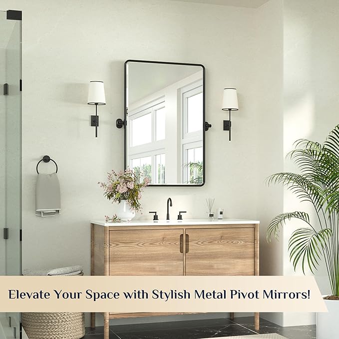 Keonjinn 24 x 36 Inch Pivot Mirror Bathroom, Matte Black Beveled Pivot - Image 5