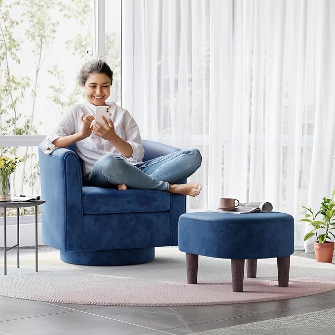 LINSY Swivel Accent Chair with Ottoman: Small Velvet Barrel Chair 360 Swivel - Image 6