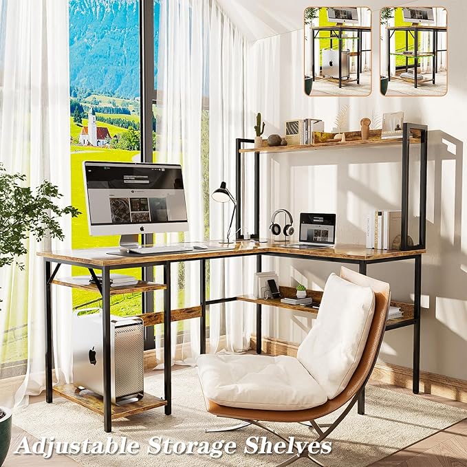 L Shaped Computer Desk with Hutch and Storage Shelves, Gaming Desk with LED - Image 2