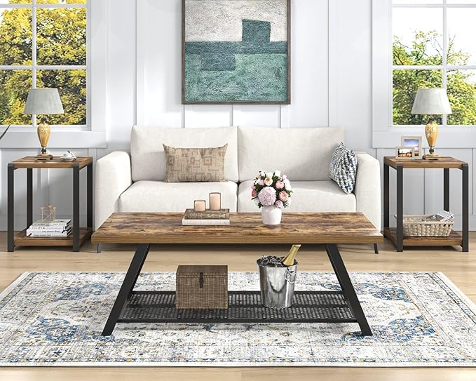 FOLUBAN 47 Inch Coffee Table, Industrial Wood and Metal Living Room Table - Image 7