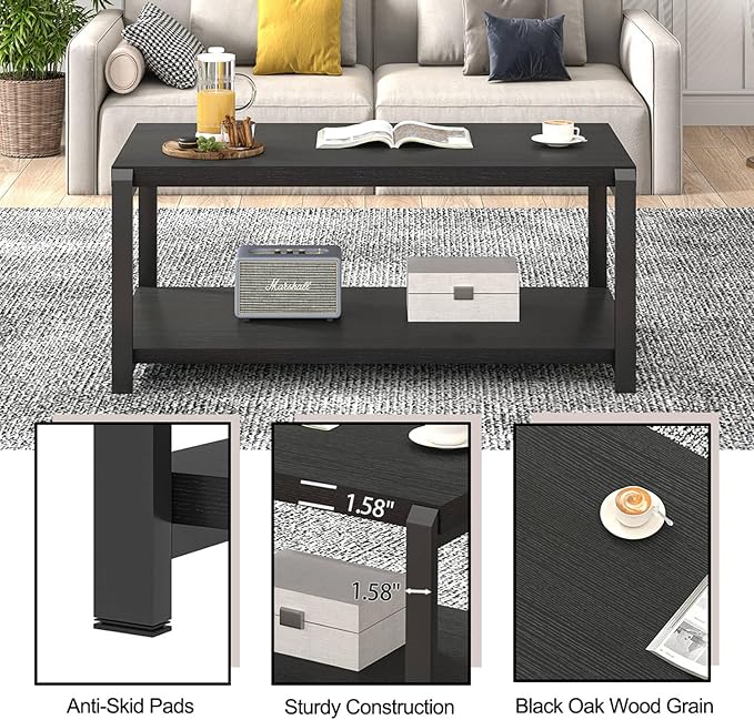 EXCEFUR Black Coffee Table, Modern Rustic Wood Center Table - Image 6