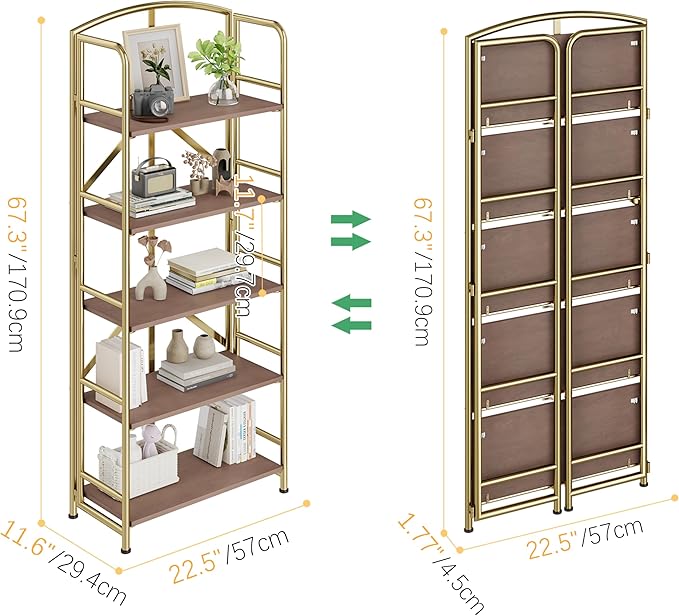 No-Assembly Folding Gold Bookshelf Storage Shelves 5 Tiers Vintage - Image 3