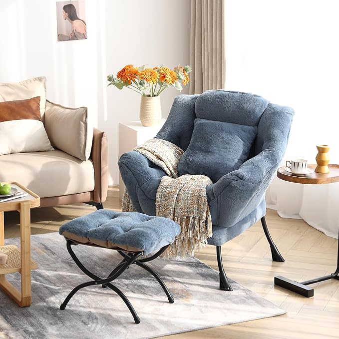 Lazy Chair with Ottoman, Comfy Reading Lounge Chair with Footstool & Throw - Image 2