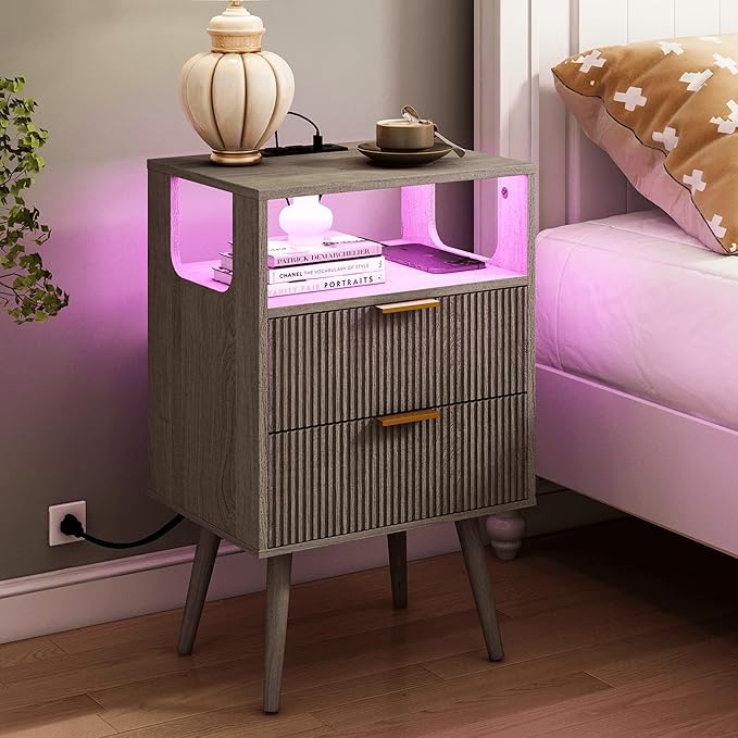 Nightstand with Charging Station and LED Lights, Modern Bedside Table with 2 by JOONEE