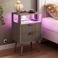 Nightstand with Charging Station and LED Lights, Modern Bedside Table with 2 by JOONEE