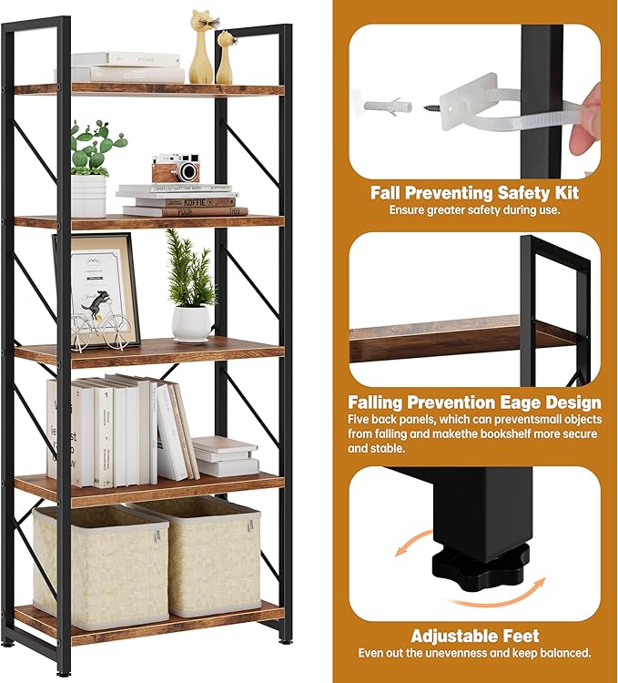 Bookshelf, 5 Tier Bookshelves, Home Office Bookcase Shelf Storage Organizer - Image 6