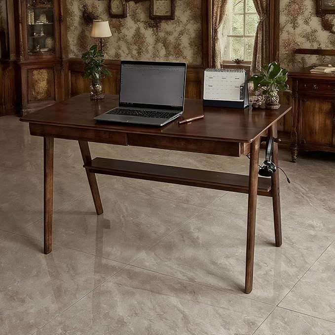 Oak Desk with Drawers, Solid Wood Desk with Bookshelf Small Computer Desk - Image 2