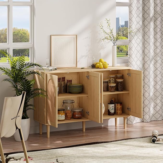 Buffet Cabinet with Storage, KitchenSideboard Cabinet with 4 Rattan Decorated - Image 6