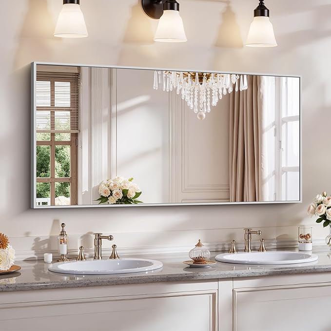 YIROMAN Bathroom Mirror 48"x24", Large Brushed Silver Bathroom Mirror by Unknown