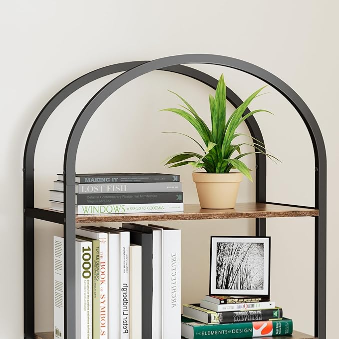 Homhedy 5-Tier Bookshelf Arched Display Racks, Wood and Metal Bookcase - Image 9