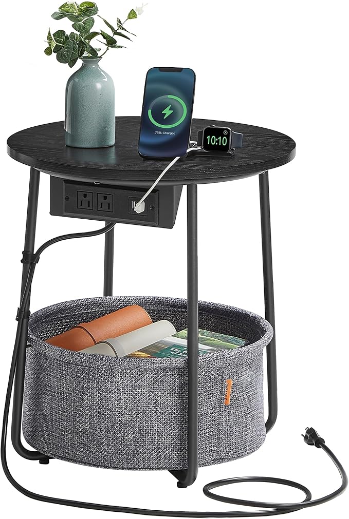 VASAGLE Side Table with Charging Station, Round End Table with Fabric Basket by VASAGLEbySONGMICSHOME