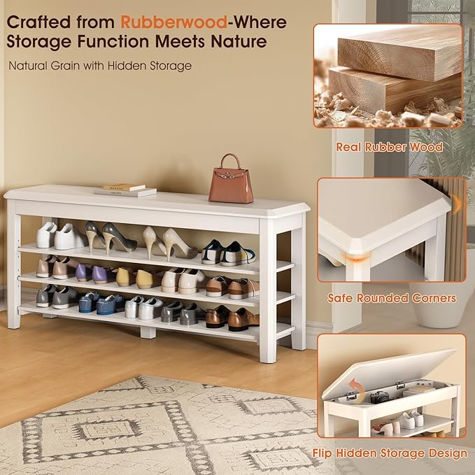 Shoe Rack Bench Seat Rubberwood 3-Tier Wooden Storage Bench 550lbs Compact - Image 6