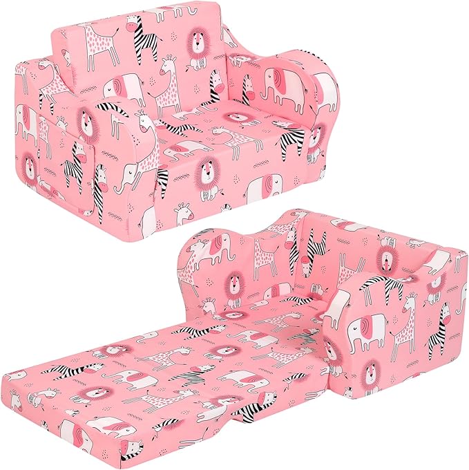 Pink Kids Sofa, 2-in-1 Kids Couch Fold Out, Convertible Sofa to Bed by MOMCAYWEX