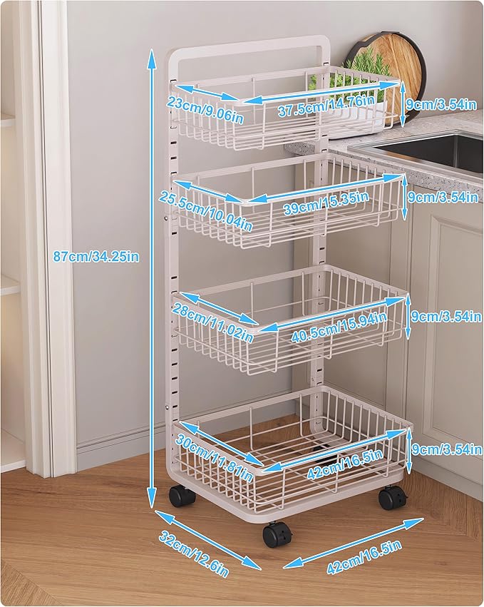 UMDONX 4-Tier Kitchen Storage Cart Metal Snack Cart Adjustable Fruit Basket on - Image 5