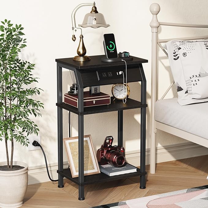 Tall End Table with Storage, 3-Tier Small Bedside Table with Charging Station - Image 2