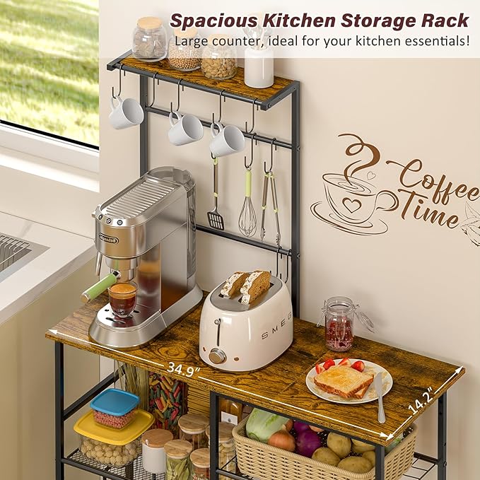 Bakers Rack with Power Outlet, Kitchen Microwave Stand with 10 S-shaped Hooks - Image 5