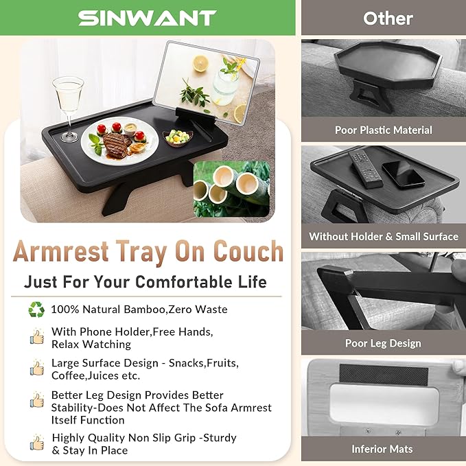 SINWANT Couch Arm Table, Bamboo Clip On Side Table Tray, Foldable Sofa Arm Tray - Image 5