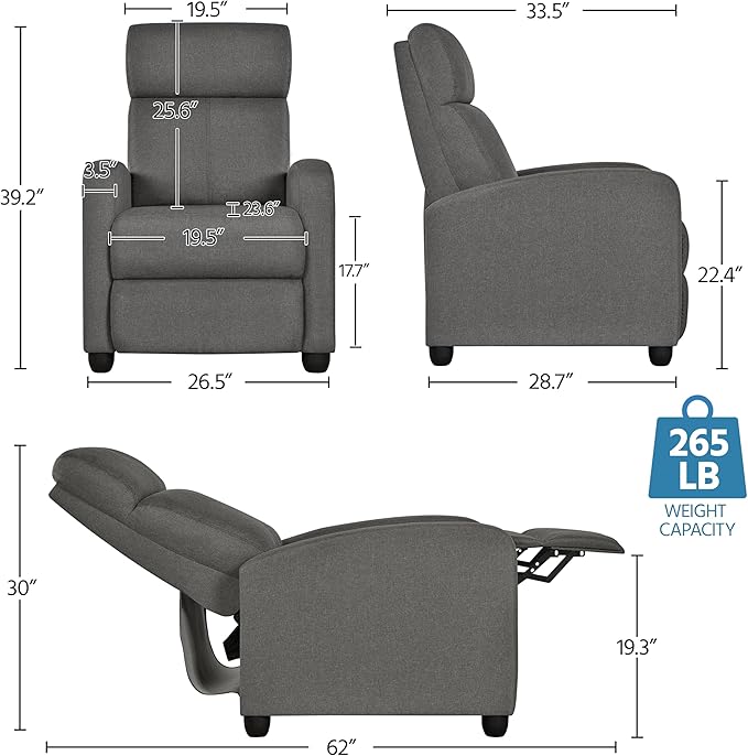 Yaheetech Fabric Recliner Chair Sofa Ergonomic Adjustable Single Sofa - Image 3