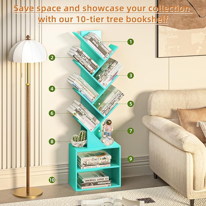 10 Tier Tree Bookshelf, Floor Standing Wood Tall Bookcase - Image 5