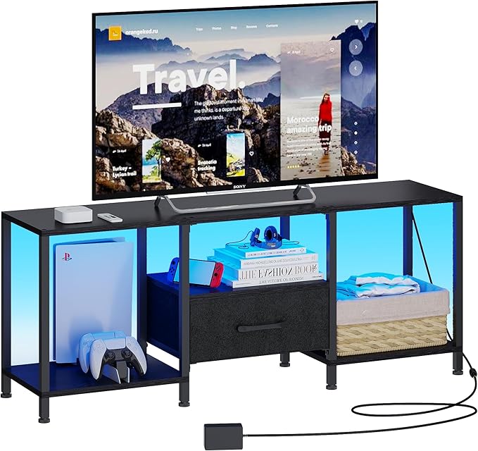 TV Stand with LED Lights, Entertainment Center with Open Shelves and Fabric by JARHETUN