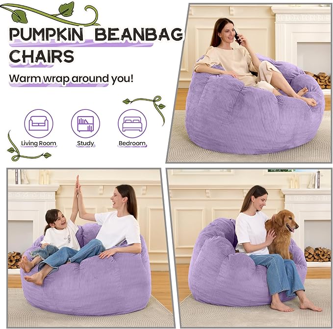HABUTWAY Giant Bean Bag Chair for Adults/Kids/Teens, Pumpkin Bean Bag Couch - Image 3