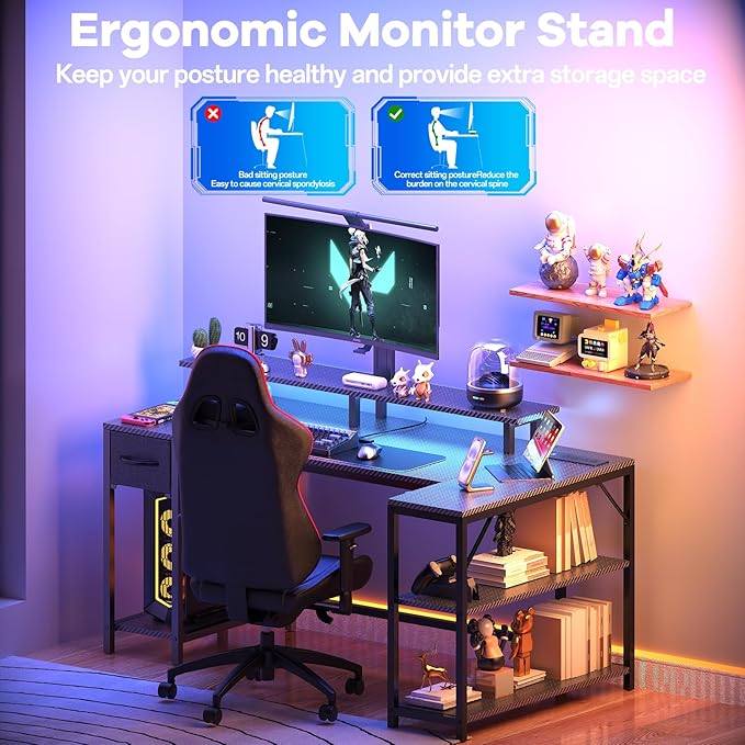 47 inch Gaming Desk with USB Charging Ports and LED Light, Reversible L Shaped - Image 7
