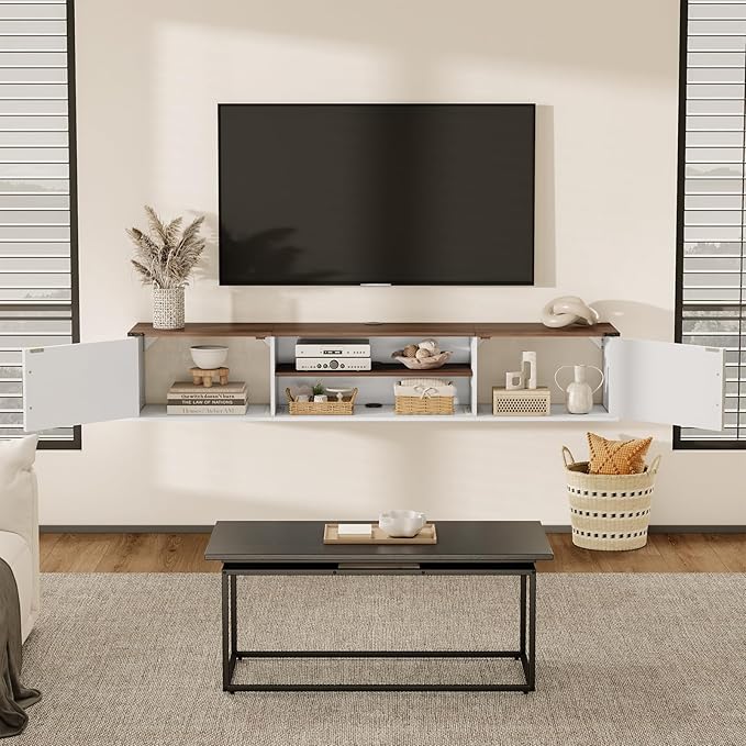 Floating TV Stand with Doors, 2 Tier Wall Mounted TV Stand, Floating - Image 7