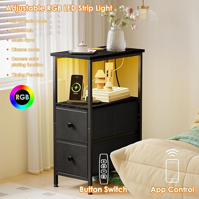 Fixwal Narrow Side Table with Charging Station and LED Light, Skinny Nightstand - Image 4